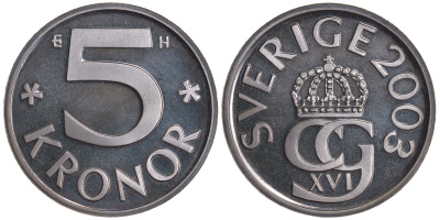 Швеция 5 крон 2003 H, Карл XVI Густав (1973- ) KM 853a медно-никель PROOFLIKE 59-235