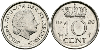 Нидерланды 10 центов 1980 Юлиана (1949-1980) KM 182 никель 96-461