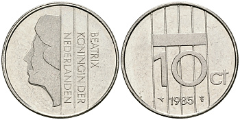 НИДЕРЛАНДЫ 10 ЦЕНТОВ 1985 БЕАТРИКС KM 203 никель 96-565