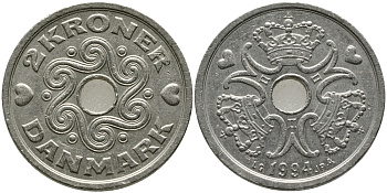 ДАНИЯ 2 КРОНЫ 1994 LG; JP; A, МАРГРЕТЕ II (1972-) KM 874.1 медно-никель 34-122