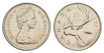 Канада 25 центов 1977 Елизавета II (1952-2022), олень KM 62b никель UNC 4638-522
