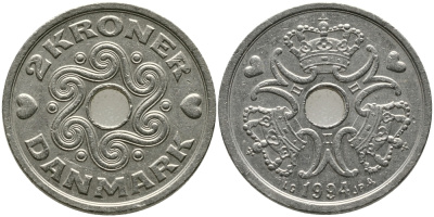 ДАНИЯ 2 КРОНЫ 1994 LG; JP; A, МАРГРЕТЕ II (1972-) KM 874.1 медно-никель 34-122