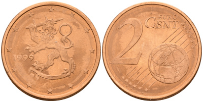 Финляндия 2 евроцента 1999  KM 99 сталь плакированная медью  UNC  4160-337
