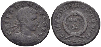 Римская Империя нуммий 321 Крисп в ранге цезаря, CRISPVS NOB CAES / CAESARVM NOSTRORVM VOT X, Аквилея, (степень редкости S) RIC 97 биллон 1073-17-107