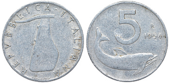 Италия 5 лир 1954 R, плуг, дельфин KM 92 алюминий 4596-425