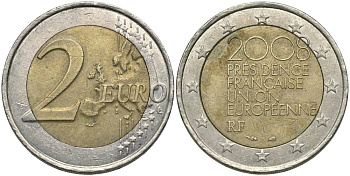 Франция 2 евро 2008 председательство в ЕС KM 1459 биметалл 67-241