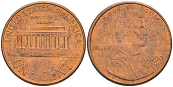 США 1 ЦЕНТ 2000 D ЛИНКОЛЬН KM 201b цинк плакированный медью 187-1168