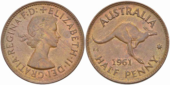 Австралия 1/2 пенни 1961 p, Елизавета II (1952-2022), кенгуру KM 61 бронза 60-1324