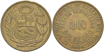 Перу 1 соль 1964 KM 222 латунь 4542-1223