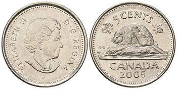 Канада 5 центов 2005 P, Елизавета II (1952-2022), бобер KM 491 сталь плакированный никелем UNC 4381-544