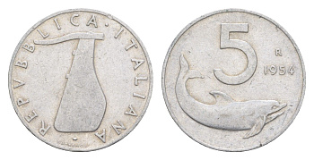 Италия 5 лир 1954 плуг, дельфин KM 92 алюминий 4643-356