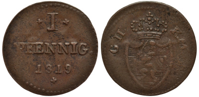 Гессен-Дармштадт 1 пфенниг 1819 GH-KM, Великий Герцог Людвиг I (1806-1830), ГОД ТИП KM 283 медь 1517-712