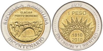 Аргентина 1 песо 2010 200 лет Аргентине - ледник Перито-Морено KM 160, CJ 6.18, Schon 169 биметалл    60-834