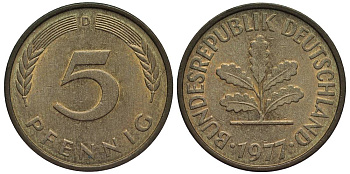 ФРГ 5 ПФЕННИГОВ 1977 D KM 107, Jager 382 сталь плакированная латунью 4547-756