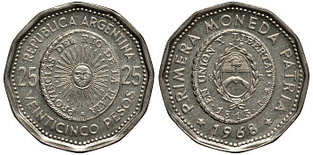 Аргентина 25 песо 1965 первая монета отчеканенная в Аргентине в 1813 году KM 61 сталь плакированная никелем 4185-535
