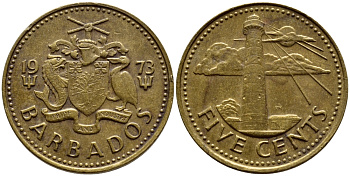 Барбадос 5 центов 1973 маяк Саут-Пойнт KM 11 латунь 4398-457