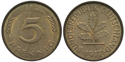 ФРГ 5 ПФЕННИГОВ 1977 D KM 107, Jager 382 сталь плакированная латунью 4547-756