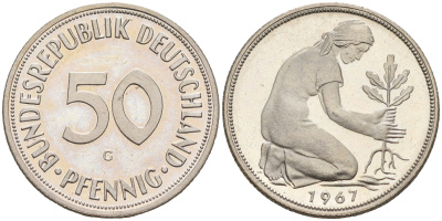 ФРГ 50 пфеннигов 1967 G J 384, KM 109.1 медно-никель  PROOF  1094-4-74