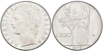 ИТАЛИЯ 100 ЛИР 1979 R, АФИНА KM 96.1 нержавеющая сталь 3855-824