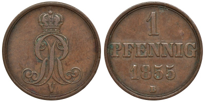Ганновер 1 пфенниг 1855 B, Георг V KM 221, AKS 155, J. 83 медь 4594-433