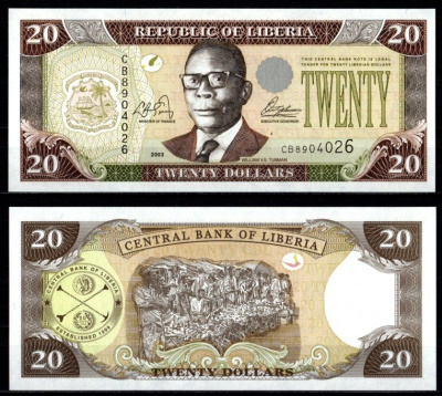 Либерия 20 долларов 2003 Pick 28 a 7214-63-1-2 бумага UNC (пресс) 7214-62-3-2