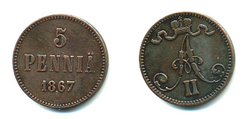 РОССИЯ ДЛЯ ФИНЛЯНДИИ 5 ПЕННИ 1867 АЛЕКСАНДР II KM 4.1, Биткин 659 медь 4381-413