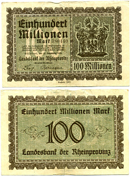 РЕЙНСКИЕ ПРОВИНЦИИ 100000000 МАРОК 1923 НОТГЕЛЬД, 15 СЕНТЯБРЯ 1923 бумага 6294-27-3