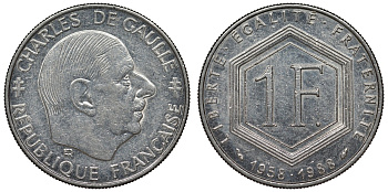 Франция 1 франк 1988 Шарль де Голль KM 963, Le Franc 227.2 никель 4128-357
