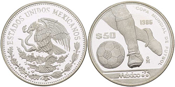 Мексика 50 песо 1986 чемпионат мира по футболу в Мексике 1986 года, ноги с мячом KM 498а серебро PROOF 00-00
