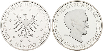 ФРГ 10 евро 2009 J, 100 лет со дня рождения графини Марион Дёнхофф KM 284, DE.S. 10.44 серебро PROOF 1076-4-21