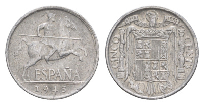 Испания 5 сентимо 1945 рыцарь на коне, Франсиско Франко (1939-1975) KM 765 алюминий 4623-632