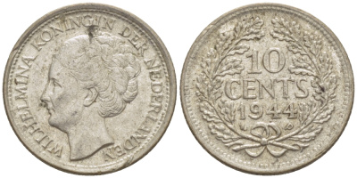 Нидерланды 10 центов 1944 Вильгельмина (1890-1948) KM 163 серебро aUNC 66-1255