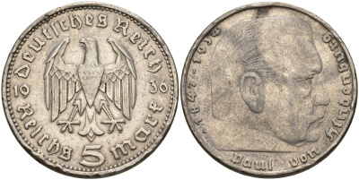 Германия 5 рейхсмарок 1936 А, Пауль фон Гинденбург (1847-1934) KM 86, J. 360 серебро    4149-513