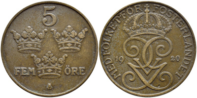 Швеция 5 эре 1920 Густав V (1907-1950) KM 779.2 бронза 4394-844