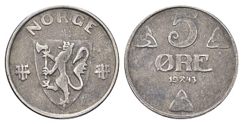 Норвегия 5 эре 1943 Хокон VII (1905-1957) KM 388 железо 4706-934