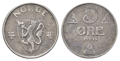 Норвегия 5 эре 1943 Хокон VII (1905-1957) KM 388 железо 4706-934