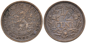 Нидерланды 1/2 цента 1922 Вильгельмина (1890-1948) KM 138 бронза 4576-431
