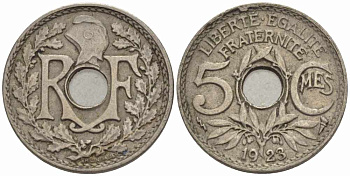 ФРАНЦИЯ 5 САНТИМОВ 1923 tb, ТИП ЛИНДАЙЁ, МОНЕТНЫЙ ДВОР ПУАССИ, МОЛНИЯ KM 875, LE FRANC 122.7 медно-никель 4379-536