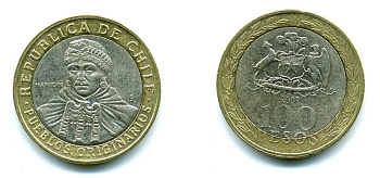 Чили 100 песо 2009 индейцы Мапуче KM 236 биметалл 29-853