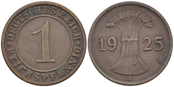 ГЕРМАНИЯ 1 РЕЙХСПФЕННИГ 1925 A KM 37, J. 313, Weege 2 бронза 211-113