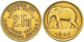 Бельгийское Конго 2 франка 1947 слон KM 28 латунь 4541-1043