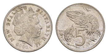 Новая Зеландия 5 центов 2000 Елизавета II (1952-2022), ящерица гаттерия KM 116 медно-никель 4588-135