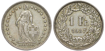 ШВЕЙЦАРИЯ 1 ФРАНК 1957 KM 24 серебро 4178-646