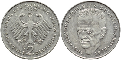 ФРГ 2 МАРКИ 1990 D, КУРТ ШУМАХЕР KM 149, J. 424 медно-никель плакированный никелем 79-511