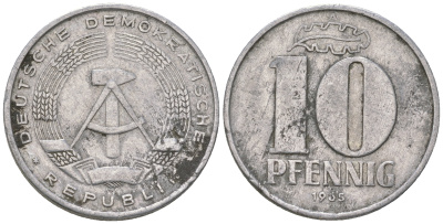 ГДР 10 пфеннигов 1965 А алюминий 3459-524