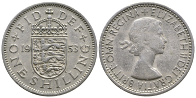 Великобритания 1 шиллинг 1953 Елизавета II (1952-2022), Английский герб KM 890, Spink 4139 медно-никель 4385-343