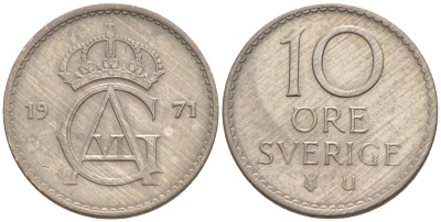 Швеция 10 эре 1971 Густав VI Адольф (1950-1973) KM 835 медно-никель UNC 187-823