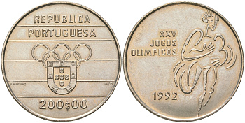 Португалия 200 эскудо 1992 XXV летние Олимпийские Игры, Барселона 1992 KM 662 медно-никель UNC 74-332