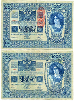 АВСТРИЯ 1000 КРОН 1919 КРАСНАЯ ВЕРТИКАЛЬНАЯ НАДПЕЧАТКА НА 1902 Pick 59 бумага 8611-54-1