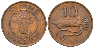 Исландия 10 эйре 1981 кальмар KM 25 бронза 4621-512